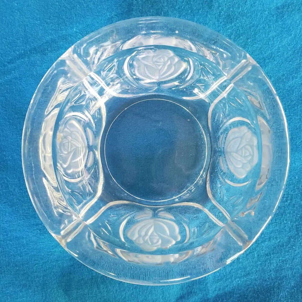 Vintage Clear Glass Frosted Rose Ashtray 4 Rest Pressed Glass Floral Dish 5.5